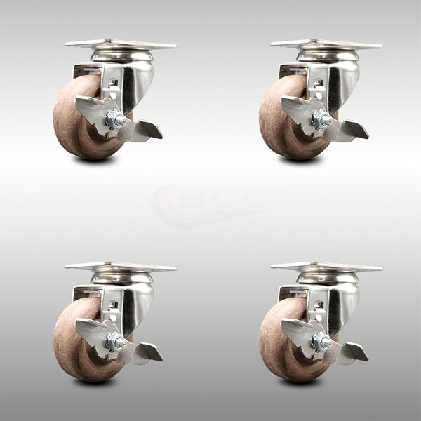 Service Caster 3 Inch 316SS High Temp Glass Filled Nylon Swivel Top Plate Caster Set with Brake SCC-SS31620S314-GFNSHT-TLB-4 - main